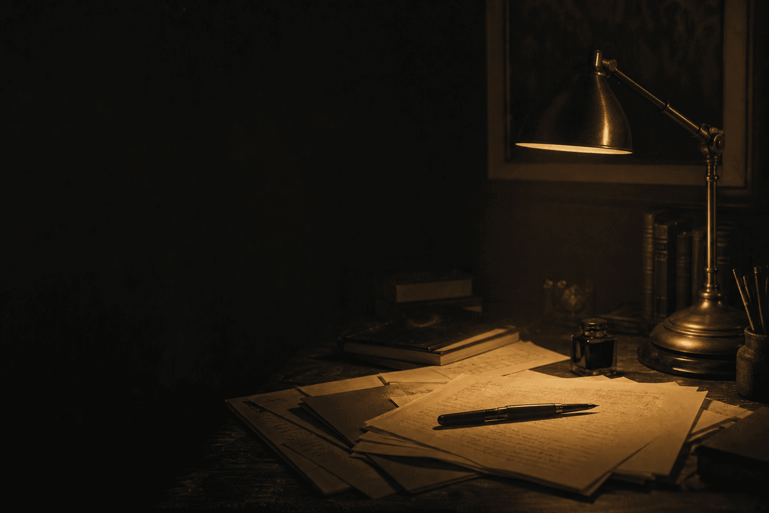 A dimly lit writing desk with manuscript pages, a pen, and a brass lamp